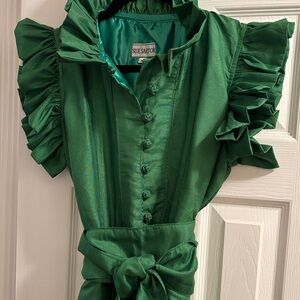 🌟SUE SARTOR🌟 Elegant Green Silk Taffeta Fairfield Style Flutter Formal Dress